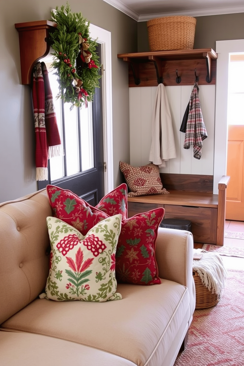 Seasonal throw pillows in festive patterns adorn a cozy seating area, featuring rich reds, greens, and golds that evoke the warmth of the holiday season. The pillows are arranged on a plush, neutral-toned sofa, creating an inviting atmosphere perfect for gatherings. In the winter mudroom, a rustic wooden bench provides a practical yet stylish seating option, complemented by hooks for hanging coats and scarves. The space is enhanced with a warm color palette and decorative elements like a woven basket for storage and a soft area rug that adds comfort underfoot.