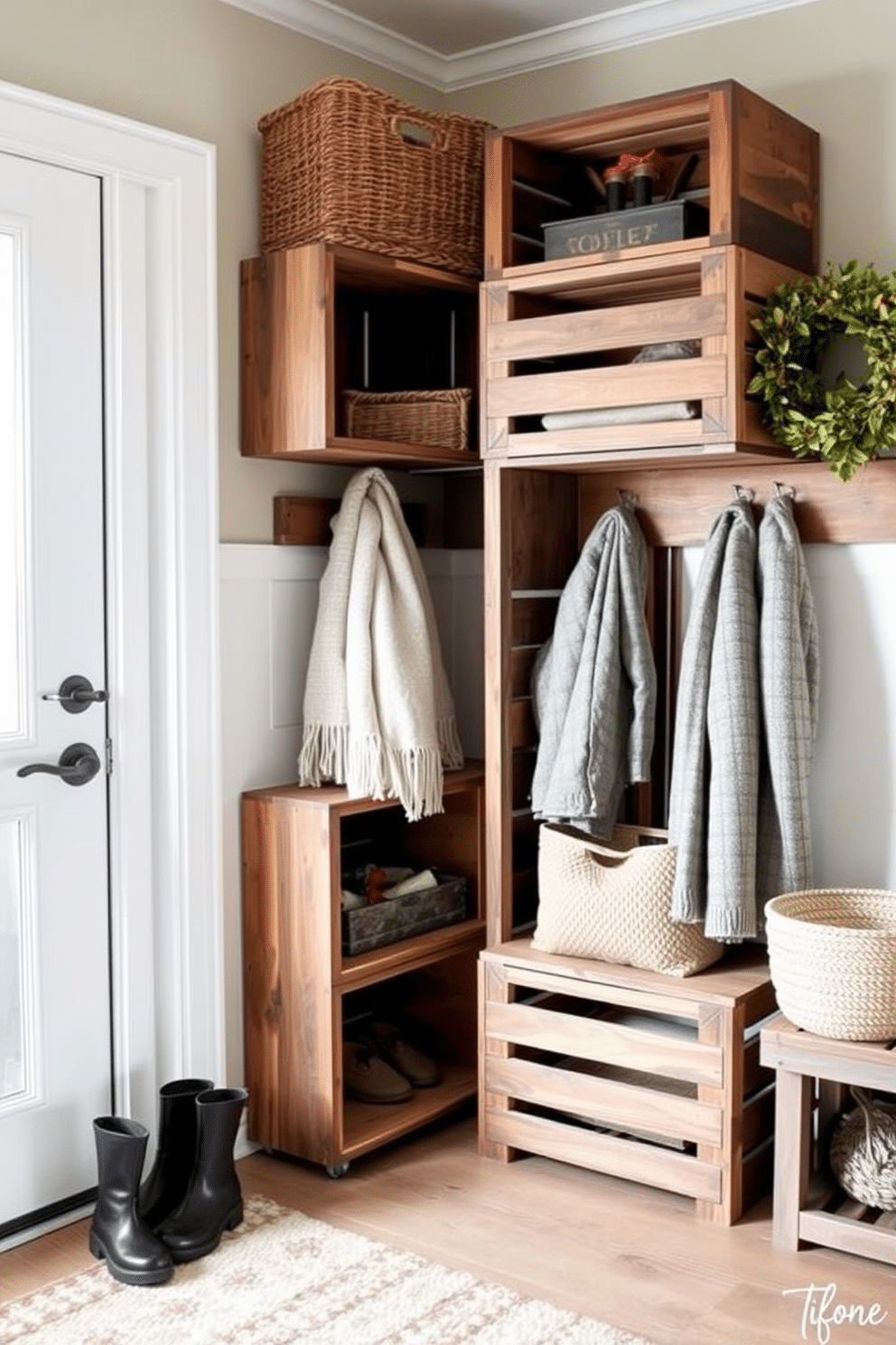 Wooden crates are stacked creatively in the corner of a cozy winter mudroom, adding rustic charm and practicality. A warm, inviting color palette with soft textiles and natural elements enhances the space, making it a perfect entryway for chilly days.