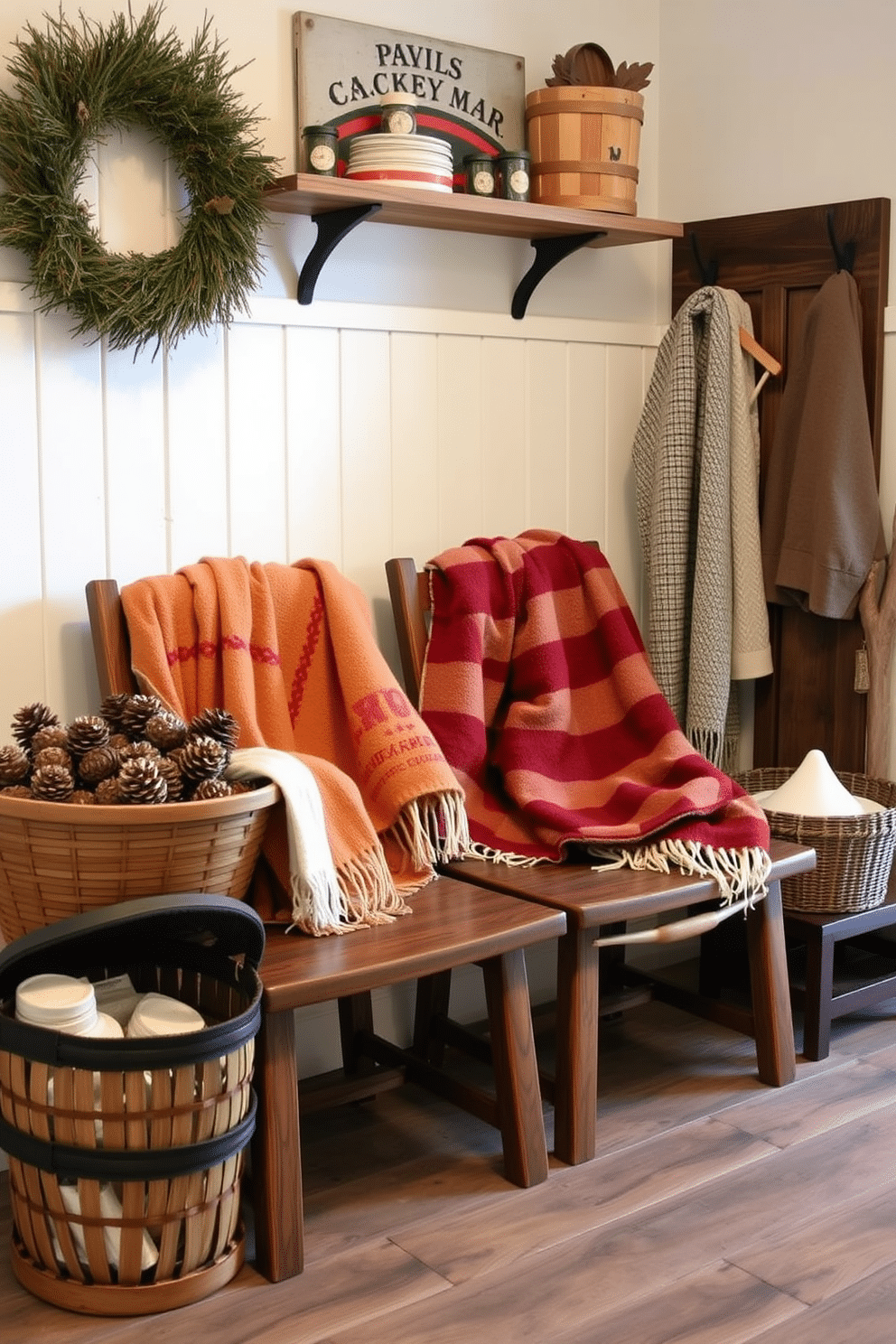 A cozy winter mudroom featuring warm woolen blankets draped over rustic wooden chairs. The space is adorned with winter-themed decor, including a large basket filled with pinecones and a stylish coat rack made from reclaimed wood.