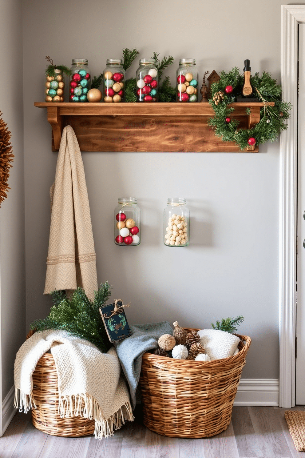 A cozy winter mudroom decorated for the holidays. Glass jars filled with a variety of colorful holiday ornaments are arranged on a rustic wooden shelf. The walls are painted in a soft gray tone, creating a serene backdrop. A woven basket sits on the floor, filled with cozy blankets and seasonal decor.