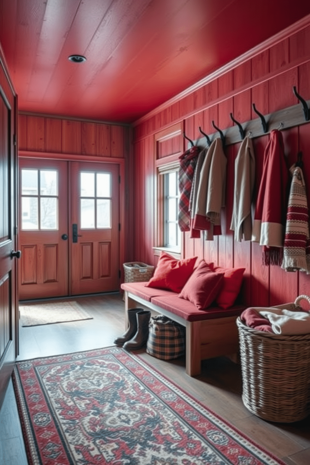 A cozy winter mudroom featuring a warm color palette with deep reds. The walls are adorned with rustic wooden panels and a bench with plush red cushions invites you to sit and remove your boots. To the right, a series of hooks hold winter coats and scarves, while a woven basket filled with blankets sits underneath. A large window allows natural light to flow in, illuminating the space and highlighting a decorative rug with intricate patterns.