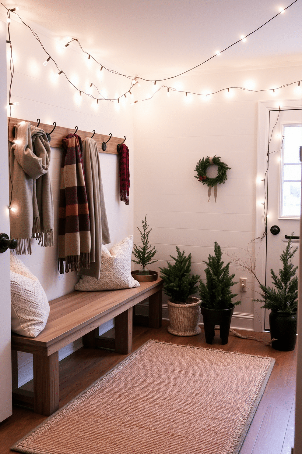 A winter mudroom adorned with string lights creates a warm and inviting atmosphere. The walls are painted in a soft white, and a rustic wooden bench is placed against one side, topped with cozy throw pillows. On the floor, a textured area rug adds warmth, while hooks on the wall hold winter coats and scarves. Potted evergreen plants are positioned near the entrance, and string lights are draped overhead for a charming glow.