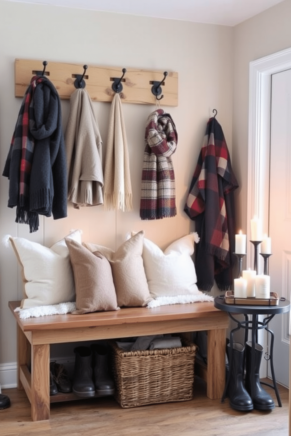 A cozy winter mudroom features a rustic wooden bench with plush cushions, providing a warm spot to sit. Above the bench, a series of hooks are mounted on the wall, holding winter coats and scarves, while a woven basket below stores boots and outdoor gear. Scented candles are arranged on a small side table, filling the space with inviting aromas of cinnamon and pine. Soft, ambient lighting enhances the welcoming atmosphere, creating a perfect retreat from the cold outdoors.