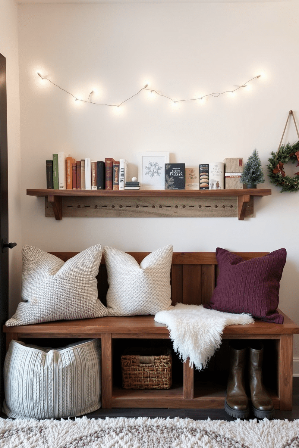 Artful displays of winter-themed books arranged on a rustic wooden shelf create a cozy and inviting atmosphere. Soft white fairy lights twinkle above the shelf, enhancing the seasonal charm with a warm glow. In the winter mudroom, a combination of textured throw pillows and a plush area rug adds warmth and comfort. A wooden bench with built-in storage for boots and winter gear complements the overall design while maintaining functionality.