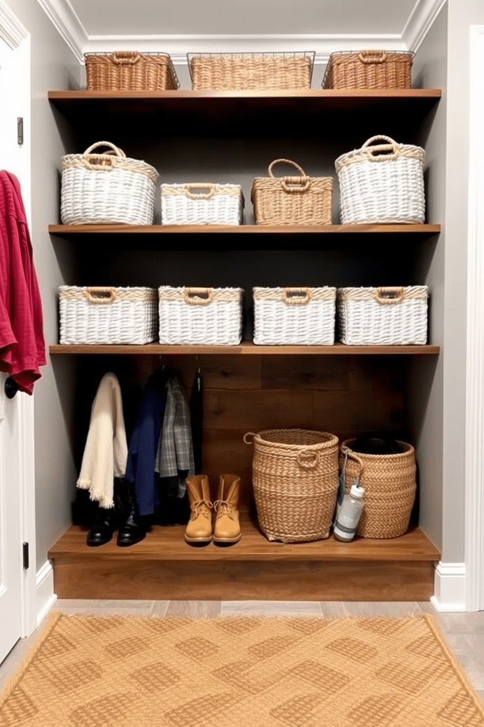 A cozy winter mudroom features decorative baskets arranged neatly on a wooden shelf for easy organization. The walls are painted in a soft gray, and a warm, textured rug lies on the floor, providing comfort and style.