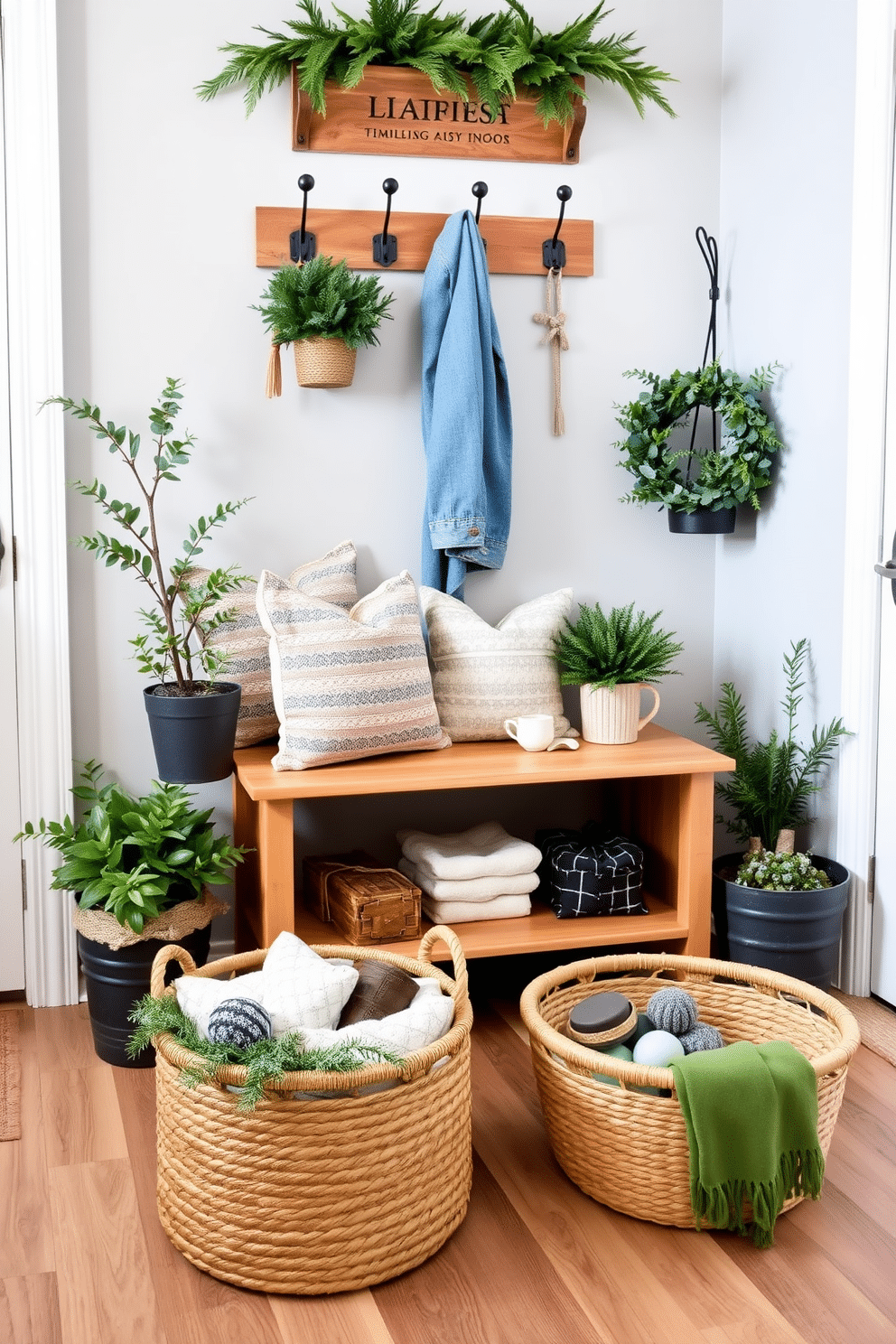 A cozy winter mudroom decorated with faux greenery to bring a touch of nature indoors. The space features a wooden bench with plush cushions, surrounded by potted faux plants and a stylish coat rack. The walls are painted in a soft gray, creating a serene backdrop for the vibrant green accents. A woven basket sits on the floor, filled with cozy blankets and winter accessories for added warmth and charm.