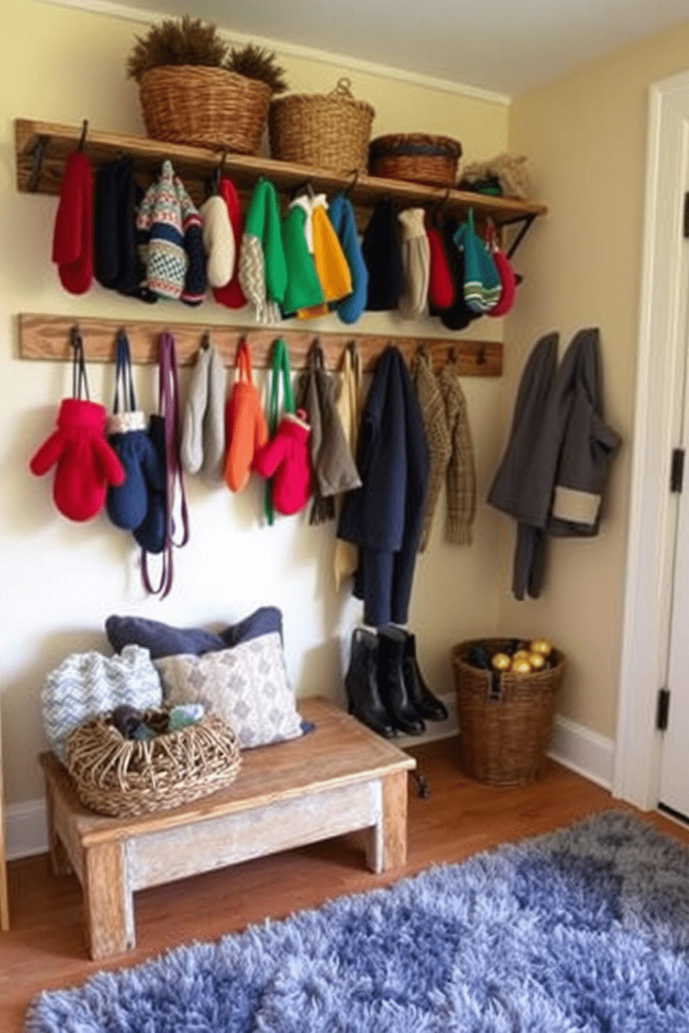 A cozy winter mudroom filled with colorful mittens and hats displayed on a rustic wooden rack. The walls are painted in a warm cream color, and a plush area rug in shades of blue and gray adds comfort underfoot.