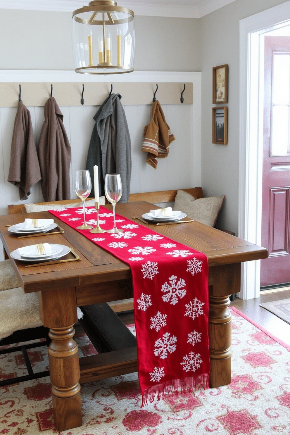 Seasonal table runners in festive colors. A vibrant red runner adorned with white snowflakes stretches across a rustic wooden dining table, complemented by elegant gold and silver tableware. Winter Mudroom Decorating Ideas. The mudroom features a cozy bench with plush cushions, surrounded by hooks for winter coats and a stylish area rug that adds warmth and color to the space.