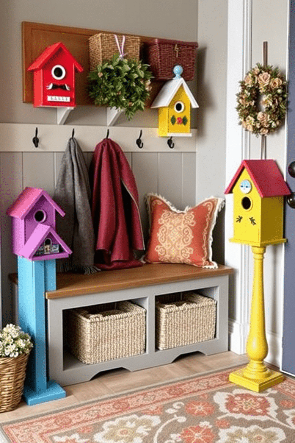 Charming birdhouses for a whimsical touch. These birdhouses are painted in vibrant colors and adorned with playful designs, creating a cheerful focal point in the garden. Winter mudroom decorating ideas. The mudroom features a cozy bench with plush cushions, hooks for hanging coats, and a stylish rug that adds warmth to the space.