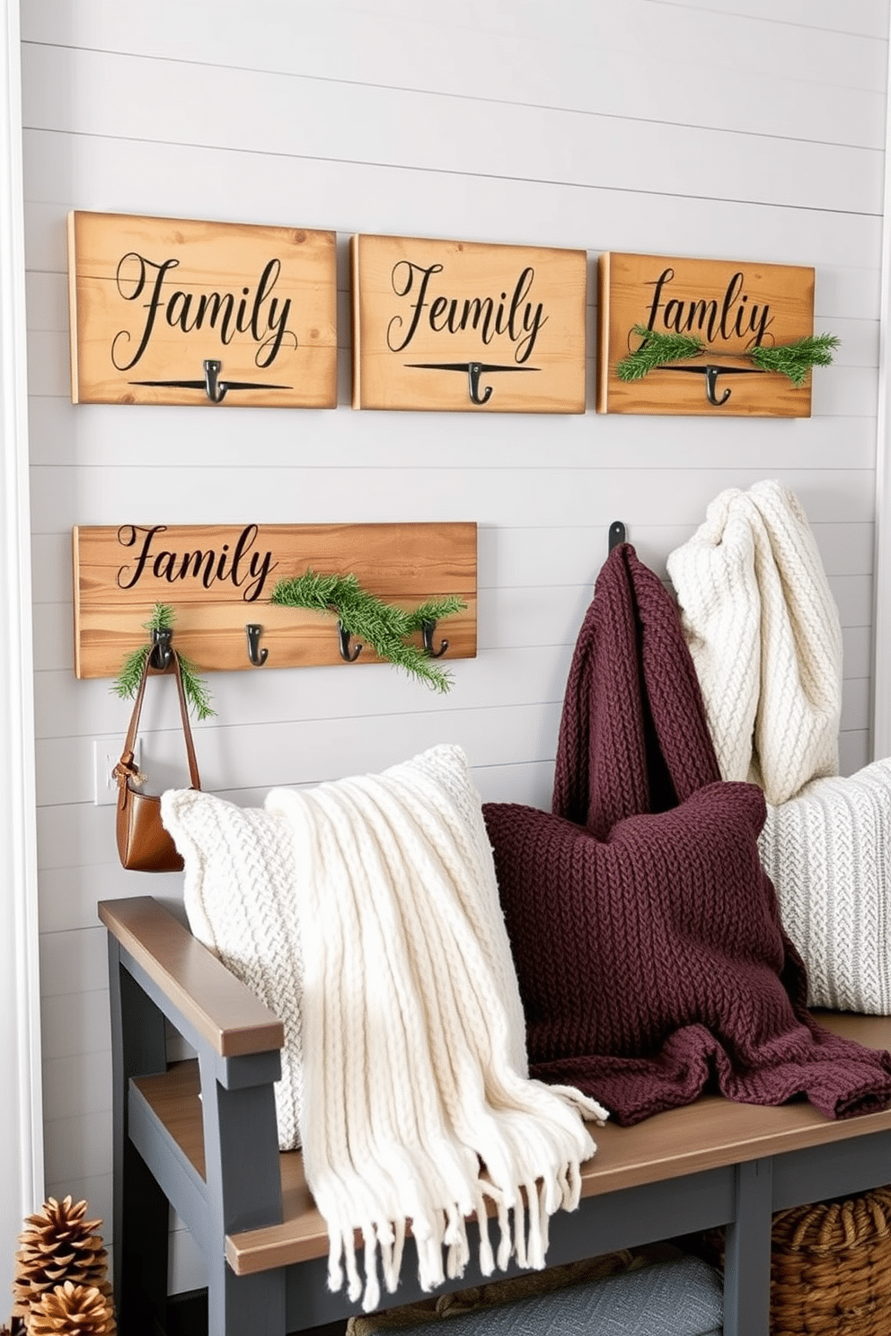 Personalized name tags for family hooks are crafted from rustic wood, featuring elegant lettering that adds a warm touch. The hooks are mounted on a shiplap wall painted in a soft gray, creating a charming and organized entryway. Winter mudroom decorating ideas include a cozy bench with plush cushions and a thick knit throw draped over it. The space is adorned with seasonal decor, such as pinecones and evergreen branches, enhancing the inviting atmosphere.