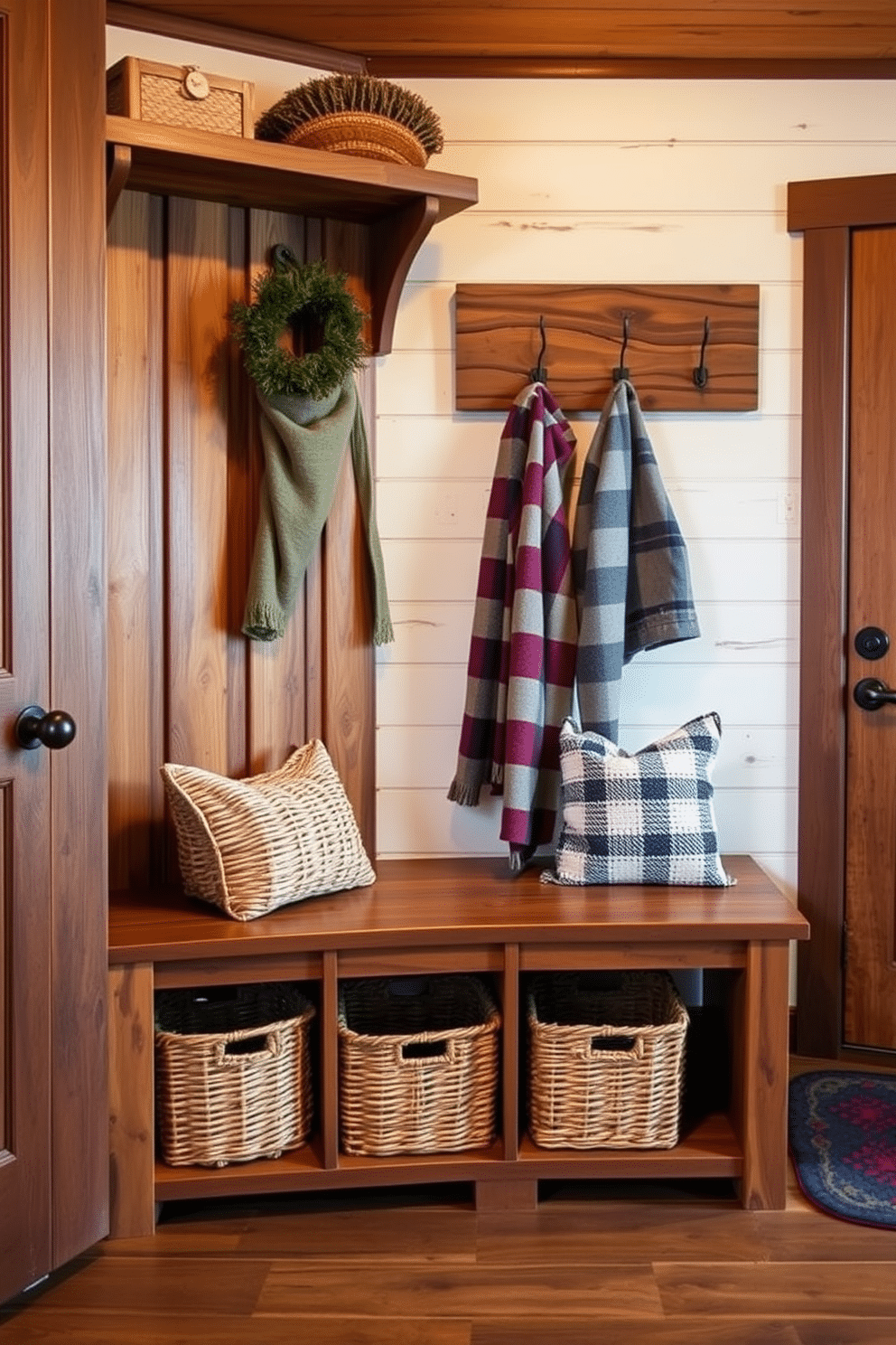 A cozy winter mudroom featuring rustic wood accents that evoke a cabin feel. The space includes a sturdy wooden bench with woven baskets underneath for storage and a wall-mounted coat rack made of reclaimed wood.