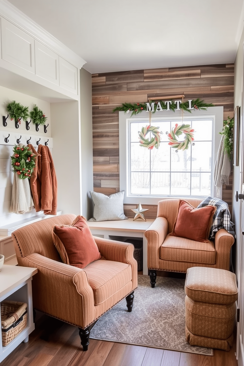 Cozy armchairs for relaxing moments. The armchairs are upholstered in soft, textured fabric with warm earth tones, positioned near a large window that lets in natural light. Winter mudroom decorating ideas. The space features built-in benches with plush cushions, hooks for coats, and a rustic wood accent wall adorned with seasonal decorations.