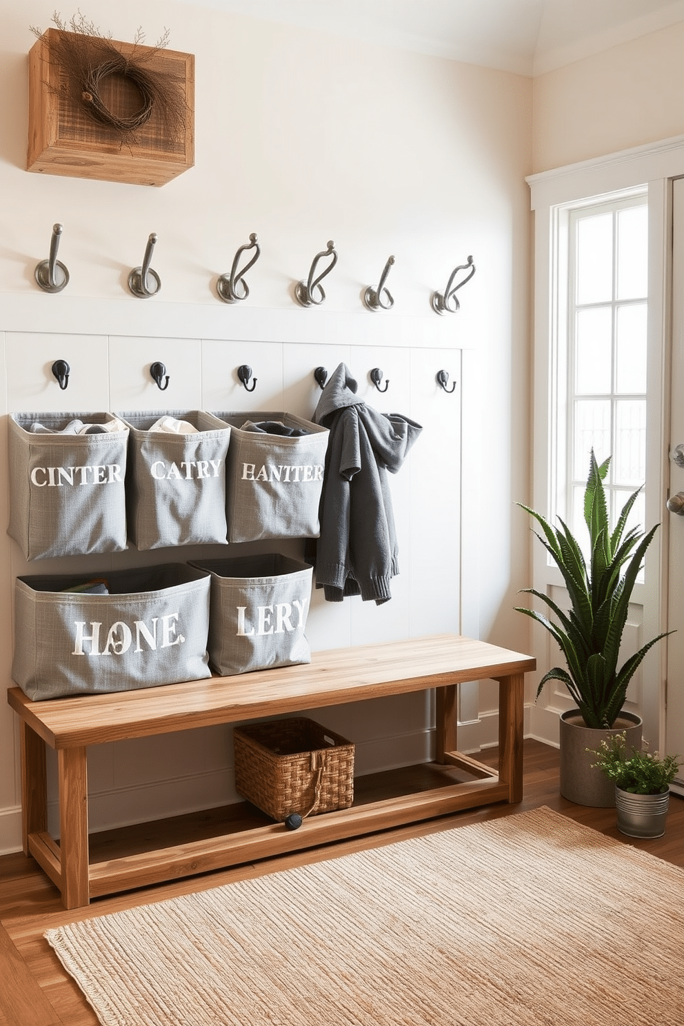 Stylish storage bins for winter gear are neatly arranged along the wall of a well-organized mudroom. Each bin is crafted from durable fabric in a soft gray color, labeled for easy identification, and complemented by a rustic wooden bench underneath. The mudroom features a cozy atmosphere with warm lighting and decorative hooks for hanging winter coats. A textured area rug in muted tones adds warmth to the space, while potted greenery brings a touch of nature indoors.