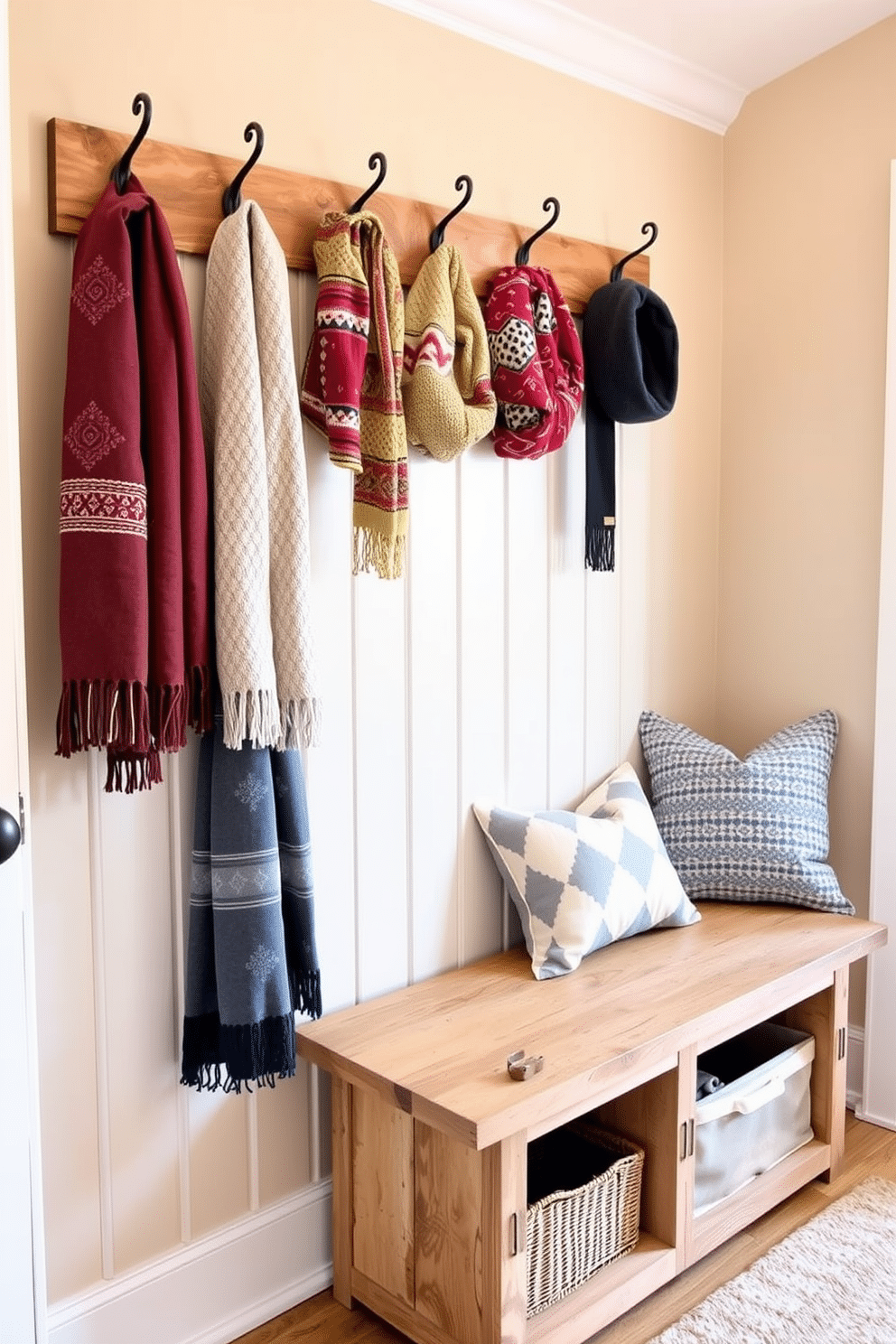 Create a cozy winter mudroom that features hanging hooks for scarves and hats. The walls are painted in a warm neutral tone, and a rustic bench with storage is positioned against one side.