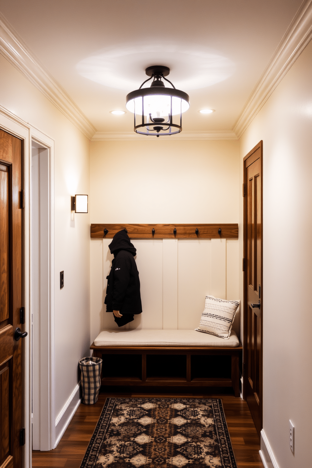 A cozy winter mudroom features layered lighting that creates a warm and inviting atmosphere. The space includes a combination of recessed ceiling lights, wall sconces, and a stylish pendant light that illuminates the entryway. The walls are painted in a soft cream color, complemented by rich wooden accents throughout. A bench with plush cushions sits against the wall, surrounded by hooks for hanging coats and a stylish area rug that adds a touch of warmth.