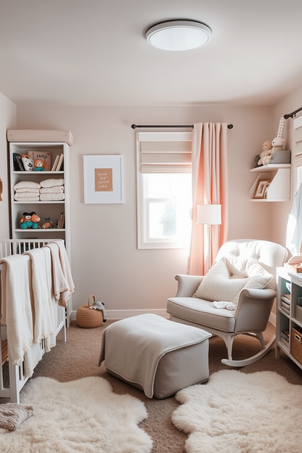 A warm winter nursery filled with cozy fleece blankets and swaddles. Soft pastel colors adorn the walls, creating a serene atmosphere perfect for a baby’s restful sleep. Plush rugs cover the floor, inviting parents to sit and cuddle with their little ones. A comfortable rocking chair sits in the corner, surrounded by shelves filled with books and toys.