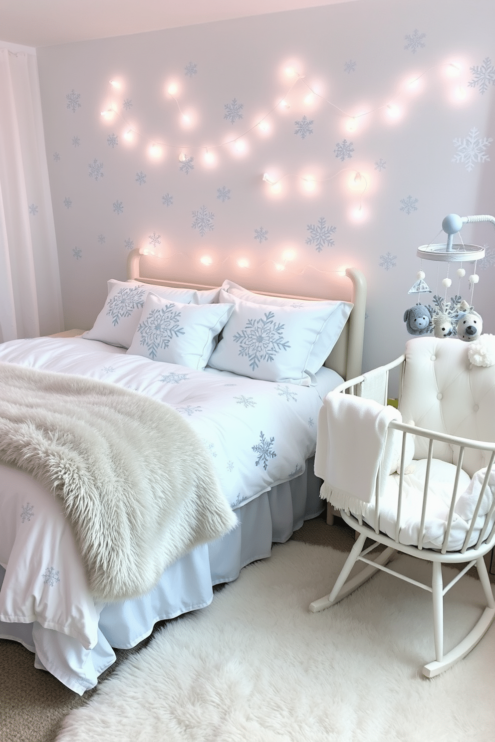 A cozy winter wonderland-themed bedroom featuring soft white bedding adorned with snowflake patterns and plush throw pillows in icy blue hues. A faux fur blanket drapes over the edge of the bed, and delicate string lights illuminate the room, creating a warm and inviting atmosphere. A charming winter nursery decorated with pastel colors and whimsical snowflake decals on the walls. A comfortable rocking chair sits in the corner next to a crib with a soft, fluffy blanket, and a mobile featuring snowflakes and winter animals hangs above.