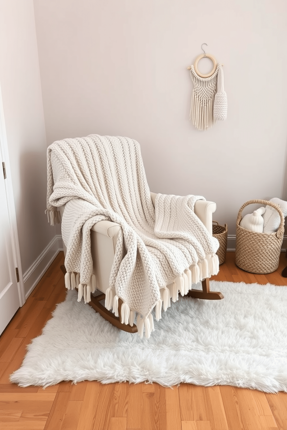 A cozy winter nursery featuring handmade knitted blankets draped over a soft rocking chair. The walls are painted in a gentle pastel hue, and a plush area rug adds warmth to the hardwood floor.