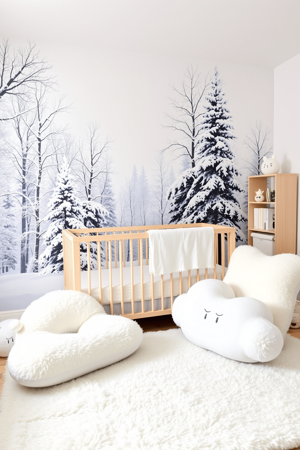 A whimsical winter nursery features a stunning snowy landscape mural that brings the essence of a serene winter wonderland indoors. The mural showcases gentle snowflakes falling over a peaceful forest scene, creating a magical atmosphere for the little one. Soft pastel colors dominate the decor, with pale blues and whites complementing the mural. Cozy elements like a plush white rug and fluffy cloud-shaped cushions add warmth and comfort to the space.