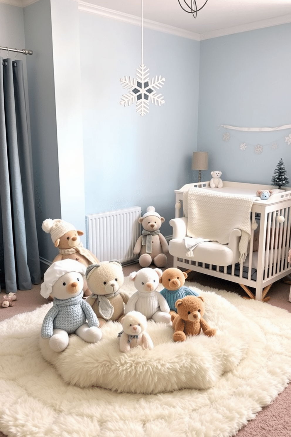 Cuddly stuffed animals dressed in cozy winter attire are arranged on a soft plush rug in a serene nursery. The walls are painted in a soft pastel blue, and a whimsical snowflake mobile hangs from the ceiling, adding a touch of winter charm. The nursery features a comfy rocking chair with a knitted throw draped over it, creating a warm and inviting atmosphere. A changing table adorned with winter-themed decorations complements the overall cozy aesthetic, making it a perfect space for a newborn.