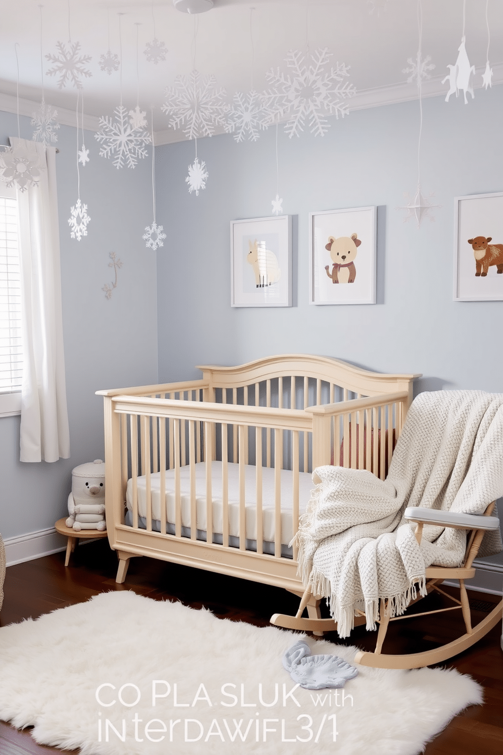 A cozy winter nursery adorned with hanging paper snowflakes creates a festive atmosphere. Soft pastel colors dominate the room, with a plush white rug under a beautifully crafted crib. The walls are painted in a gentle light blue, complemented by whimsical animal-themed artwork. A comfortable rocking chair sits in the corner, draped with a knitted throw for added warmth.