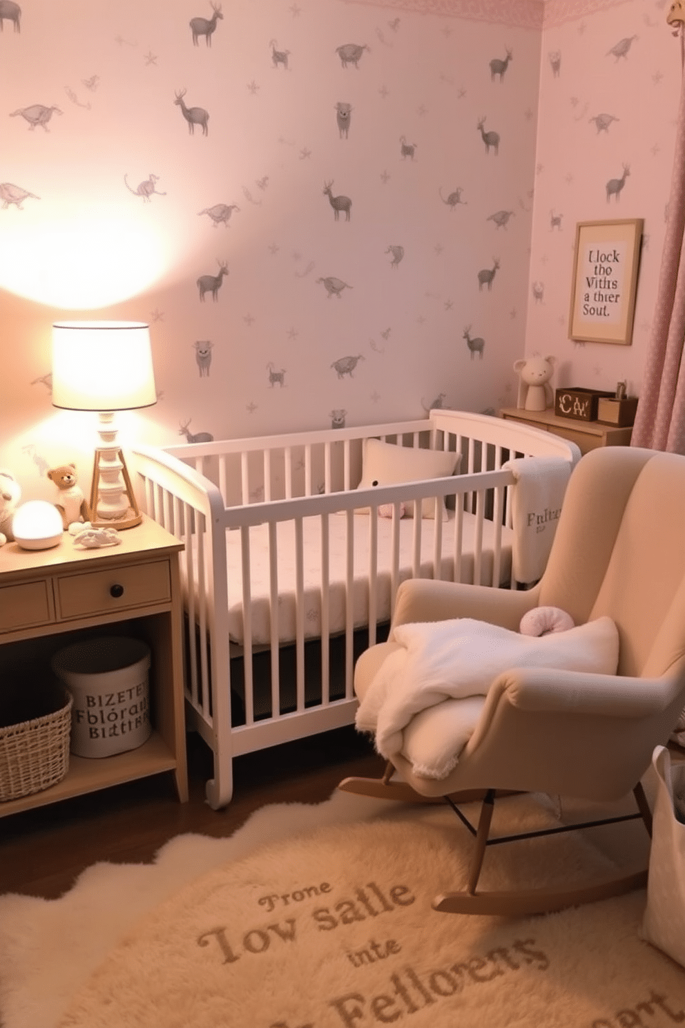 Warm night lights create a cozy ambiance in the winter nursery. Soft, glowing lamps are placed on the nightstands, casting a gentle light over the room's pastel decor. The walls are adorned with whimsical animal prints, and a plush rug lies beneath the crib. A rocking chair in the corner invites quiet moments, surrounded by fluffy blankets and soft toys.