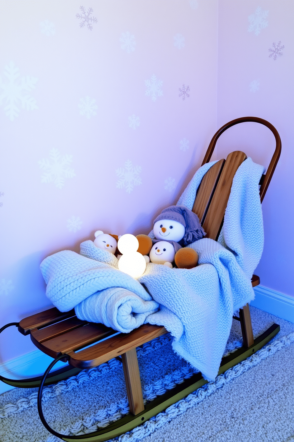 A charming winter nursery featuring a vintage sled as a decorative piece. The sled is placed against a wall adorned with soft, pastel colors and whimsical snowflake decals. Cozy blankets and plush toys are arranged on the sled, inviting warmth and comfort. A gently glowing nightlight shaped like a snowman adds a whimsical touch to the serene atmosphere.