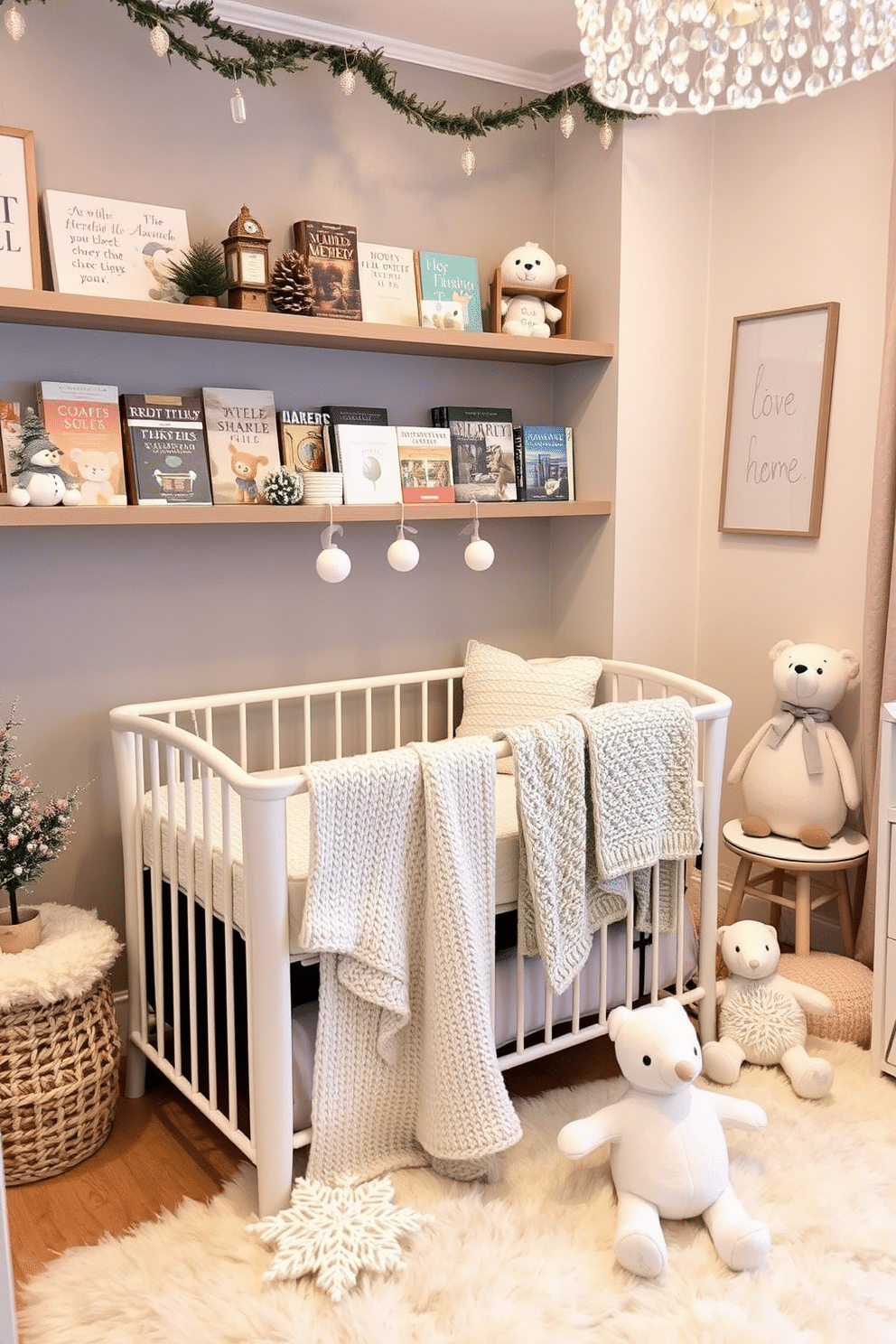 A cozy winter-themed reading nook with books on display shelves. The shelves are adorned with a mix of seasonal decorations and a variety of books, creating a warm and inviting atmosphere. A charming winter nursery decorated with soft pastel colors and fluffy textures. The room features a crib draped with a knitted blanket, surrounded by whimsical wall art and plush toys that evoke a sense of comfort and joy.