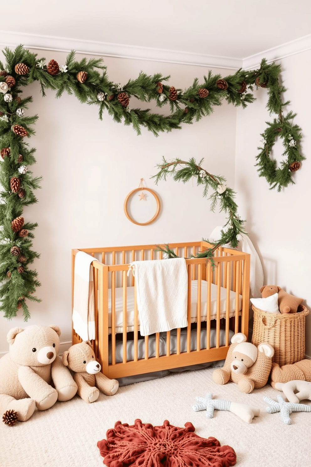 A cozy winter nursery adorned with pinecone and evergreen garlands. The walls are painted in soft white, creating a serene backdrop for the natural decor elements. A wooden crib is positioned against one wall, draped with a delicate canopy of evergreen branches. Plush toys and blankets in muted earth tones are scattered around the room, enhancing the warm and inviting atmosphere.