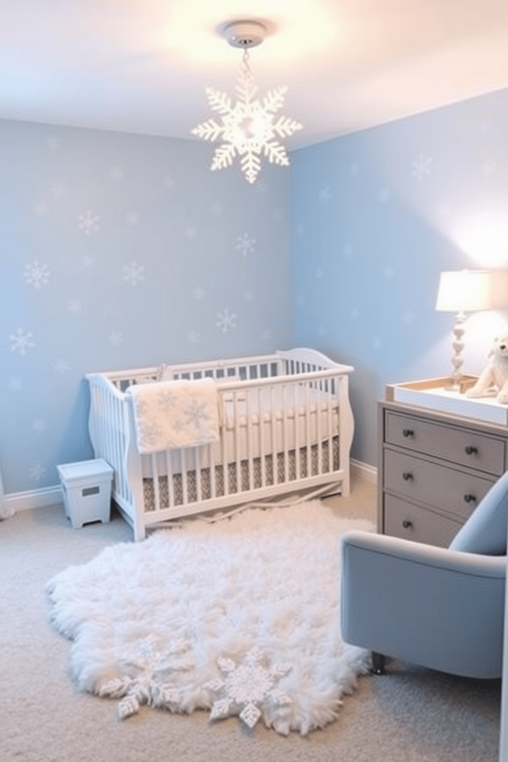 Snowflake wall decals create a whimsical winter atmosphere in the nursery. The soft blue walls serve as a perfect backdrop, enhancing the charm of the delicate white snowflakes scattered across the room. Cozy bedding in shades of white and icy blue complements the winter theme. A plush rug in the center adds warmth and comfort, making the space inviting for both baby and parents.