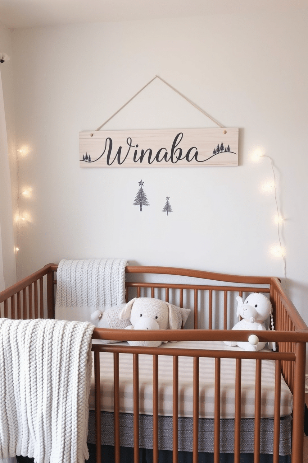 A personalized name sign hangs above the crib in a cozy winter-themed nursery. The sign features delicate snowflakes and pine trees, creating a warm and inviting atmosphere. Soft pastel colors dominate the room, with accents of icy blue and gentle white. Plush toys and knitted blankets add a touch of comfort, while twinkling fairy lights enhance the winter wonderland feel.