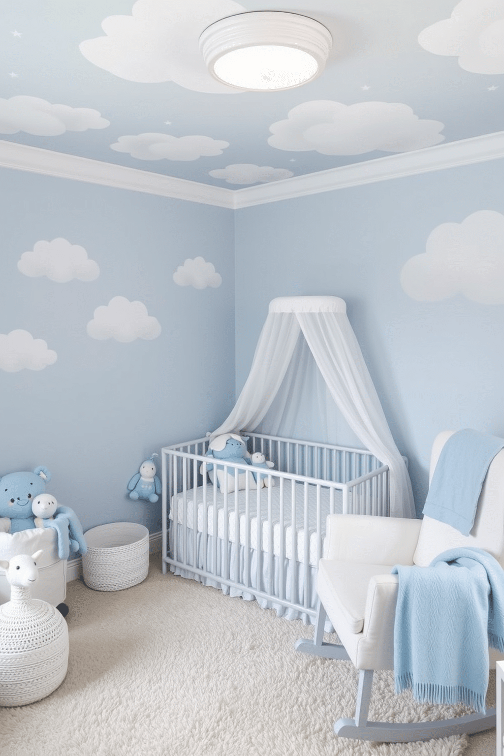 A serene winter nursery filled with soft blue and white color accents. The walls are painted in a gentle blue hue, while fluffy white clouds are painted on the ceiling. A cozy crib draped with a white canopy sits against one wall, surrounded by plush toys in shades of blue. A comfortable rocking chair in white is positioned nearby, complemented by a soft blue throw blanket.