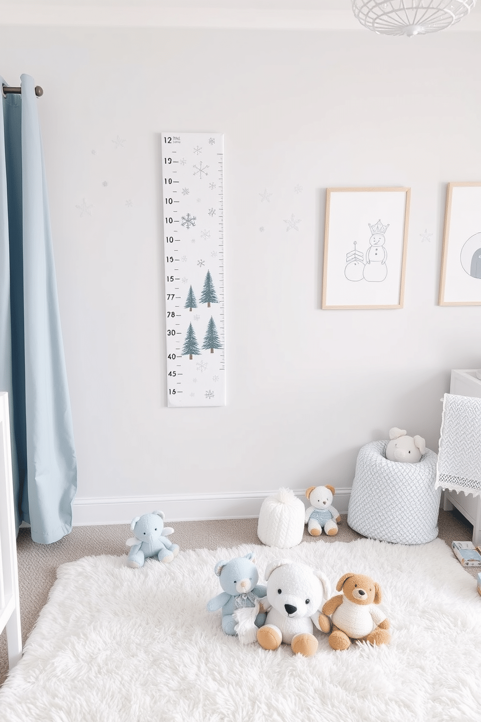 A winter-themed growth chart hangs on the wall, adorned with snowflakes and pine trees. Below, a cozy rug in soft white and blue provides a perfect spot for little ones to play. The nursery features a serene color palette of icy blues and gentle whites, creating a calming atmosphere. Adorned with plush toys and winter-themed artwork, the space invites warmth and comfort during the chilly months.