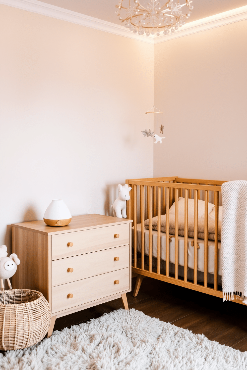 A serene winter nursery setting featuring a bamboo humidifier placed on a wooden dresser. Soft pastel colors adorn the walls, while a cozy crib with plush bedding sits against one side, surrounded by gentle lighting. A whimsical mobile hangs above the crib, adding a playful touch to the room. A plush rug in muted tones covers the floor, providing a warm space for playtime.