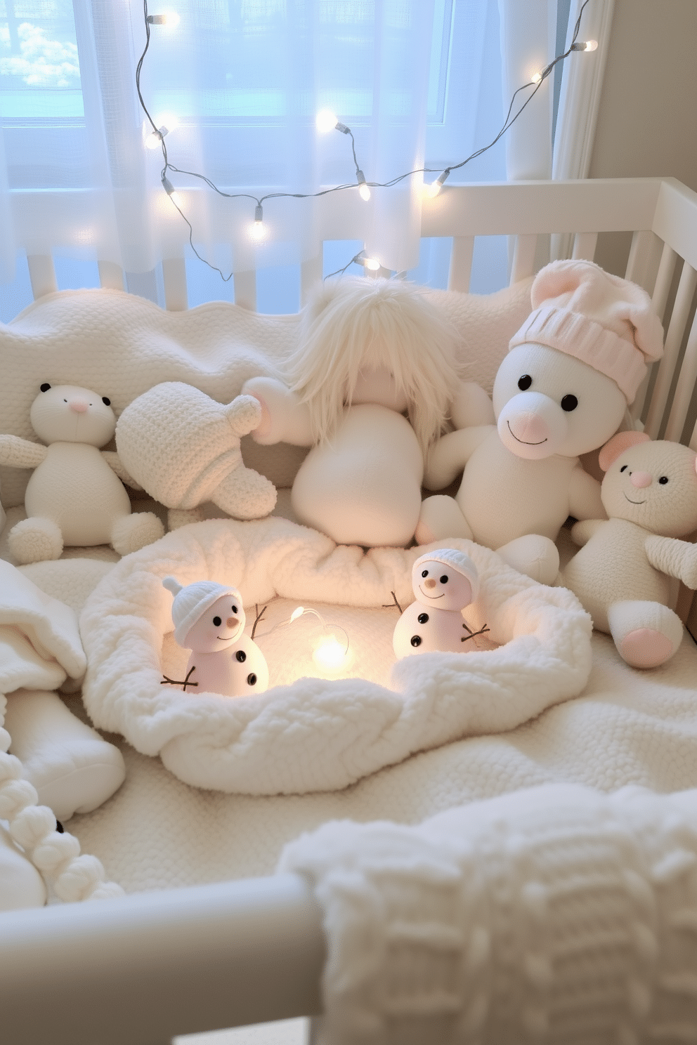 Cute snowman figurines are nestled among soft pastel blankets and plush toys in a cozy winter nursery. The room features a gentle color palette of whites and light blues, with twinkling fairy lights adding a whimsical touch to the festive decor.