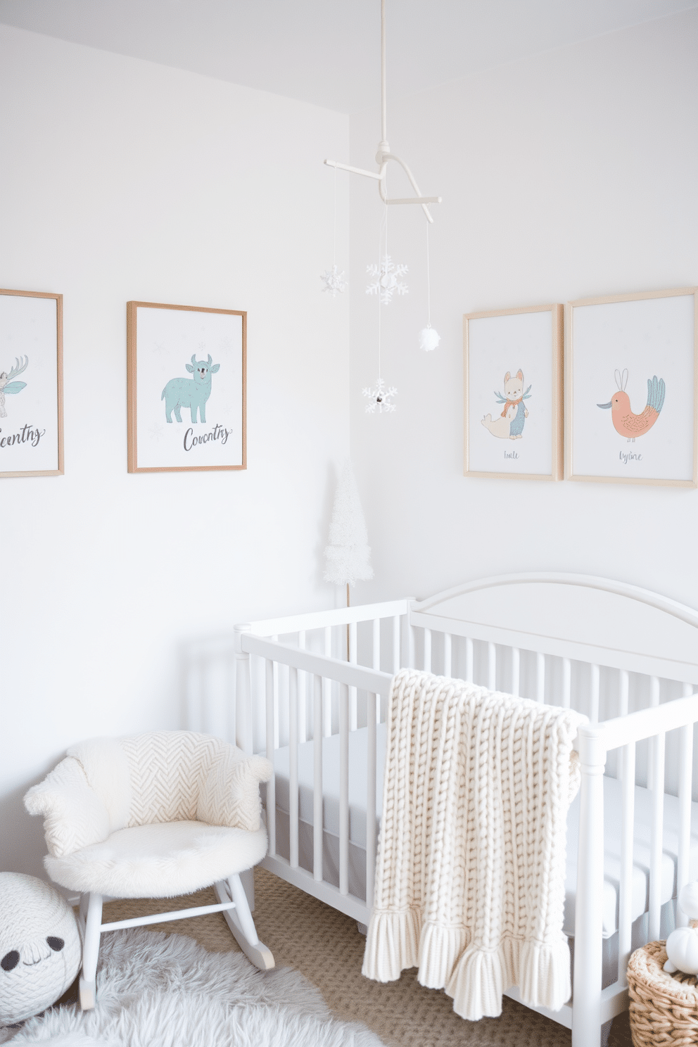 A cozy winter nursery filled with soft textures and gentle colors. The walls are painted in a light snow white, adorned with seasonal artwork featuring snowflakes and winter animals. A plush rocking chair sits in one corner, draped with a warm knitted blanket. A whimsical mobile hangs above the crib, showcasing delicate snowflakes and winter-themed characters.