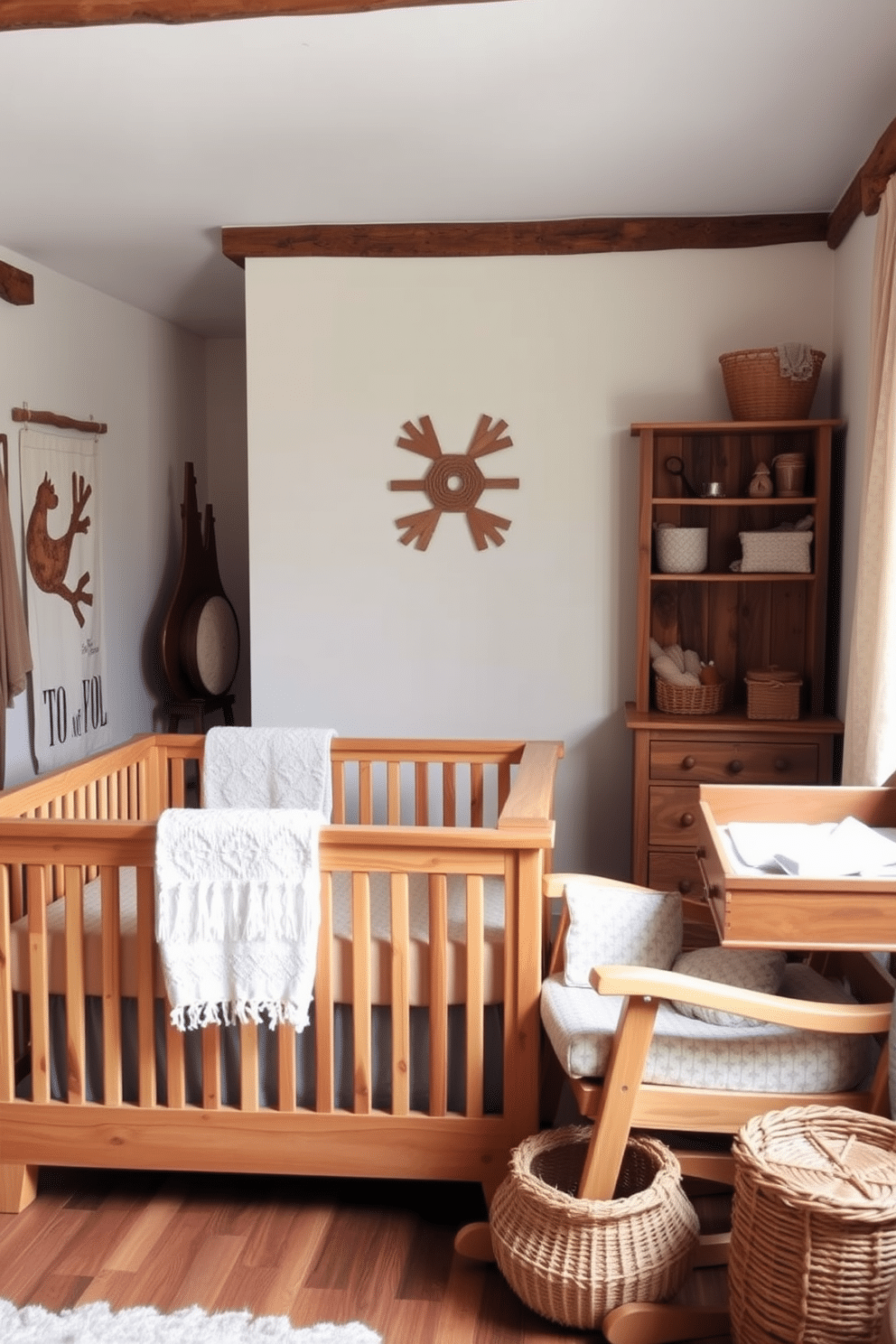 Natural wood furniture creates a warm and inviting atmosphere in a rustic nursery. The space features a wooden crib, a rocking chair, and a changing table, all crafted from reclaimed wood, enhancing the cozy, natural aesthetic. Soft, neutral colors dominate the walls, complemented by plush textiles in earthy tones. Decorative elements include handmade quilts and woven baskets, adding texture and charm to the winter-themed decor.