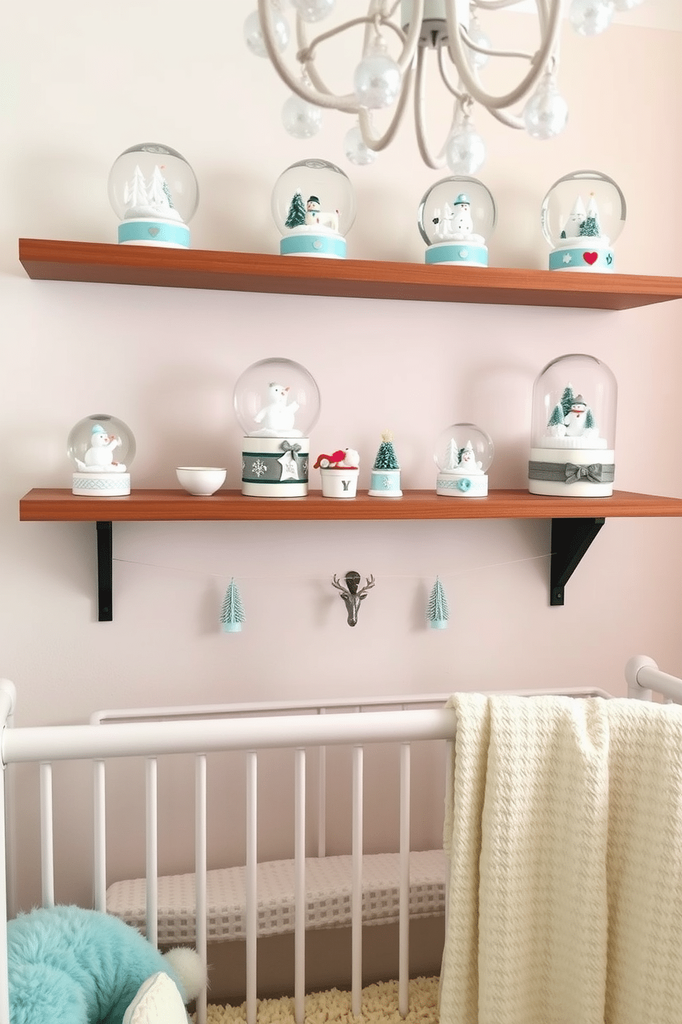 A charming winter nursery adorned with a delightful snow globe collection displayed on wooden shelves. Each globe features whimsical winter scenes, adding a touch of magic to the room's cozy atmosphere. The walls are painted in soft pastel colors, creating a serene backdrop for the nursery. Plush toys and blankets in complementary colors are scattered around, enhancing the warmth and comfort of the space.