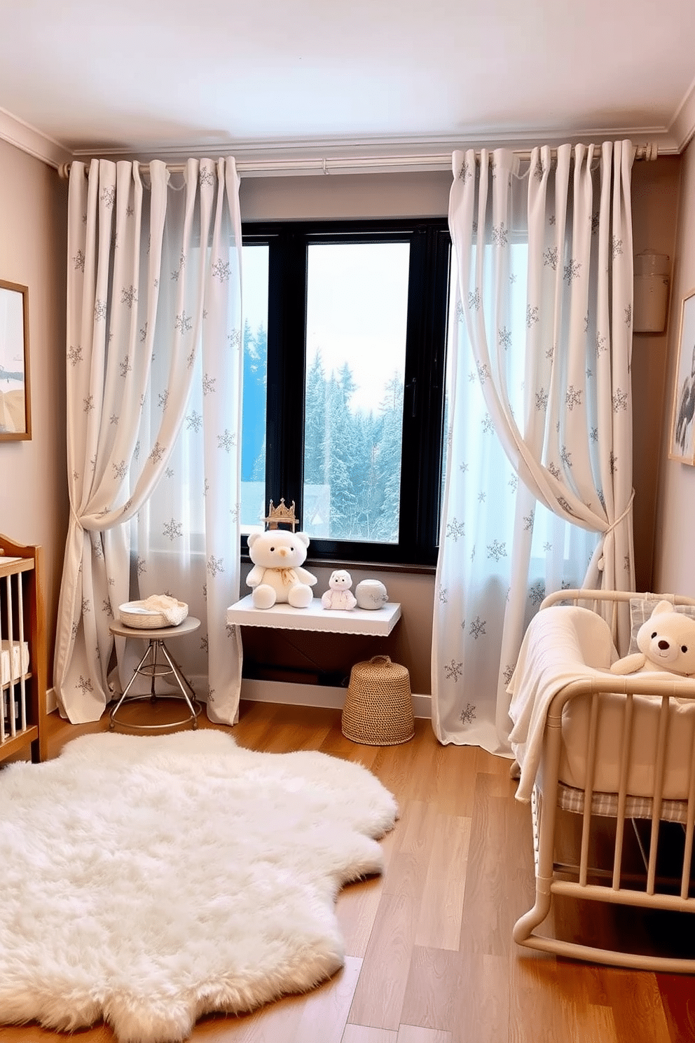 Whimsical winter-themed curtains drape elegantly over the windows, featuring playful snowflakes and soft pastel colors that evoke a cozy atmosphere. The fabric gently billows with the breeze, adding a touch of magic to the nursery. The nursery is adorned with charming winter-themed decor, including plush toys and wall art depicting snowy landscapes. Soft, fluffy rugs cover the floor, inviting little ones to play in a warm and inviting space.