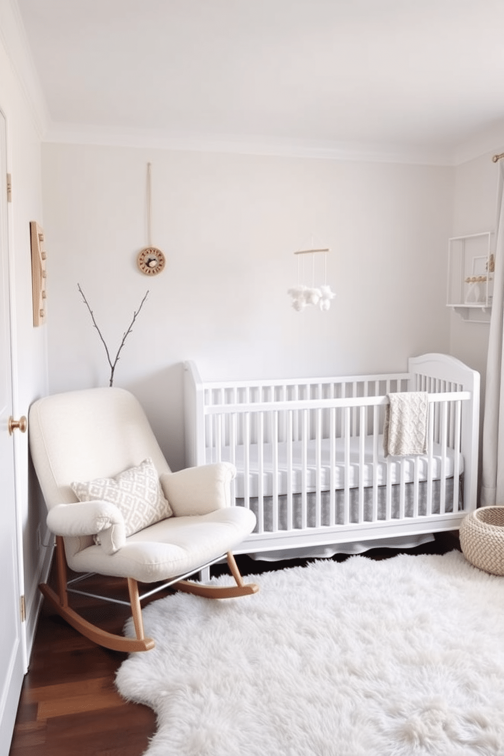 A cozy winter nursery featuring a comforting rocking chair positioned next to a soft, plush area rug. The walls are painted in a gentle pastel hue, and a whimsical mobile hangs above the crib, adding a touch of charm.