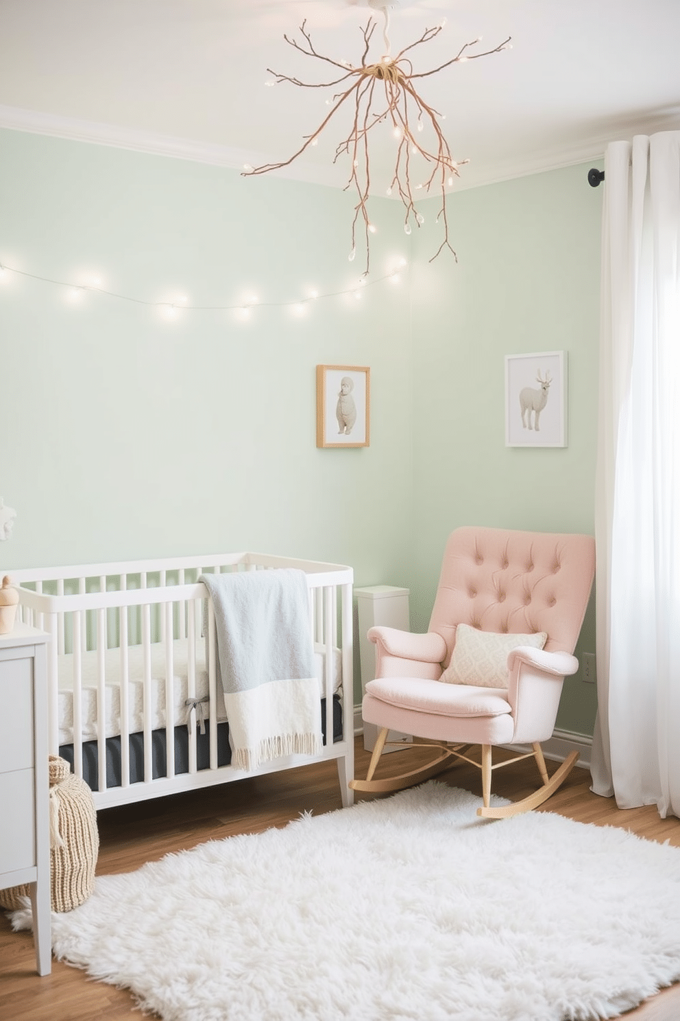 A serene winter nursery adorned with soft pastel colors. The walls are painted in a gentle mint green, complemented by a cozy white crib draped with a light gray blanket. A plush rocking chair sits in the corner, upholstered in a soft blush fabric. Delicate fairy lights hang above, casting a warm glow over the room while a fluffy area rug adds comfort underfoot.