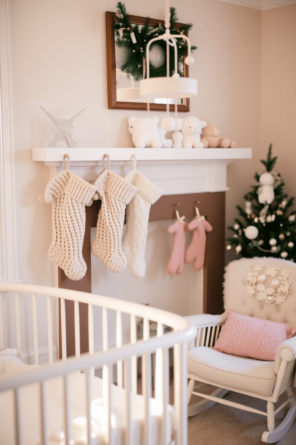 A warm and inviting winter nursery features a soft pastel color palette with gentle lighting. Cozy knitted stockings hang from a decorative mantle, adding a touch of festive charm to the room. The nursery is adorned with plush toys and a comfortable rocking chair in the corner. A whimsical mobile dangles above the crib, enhancing the cozy atmosphere perfect for winter.