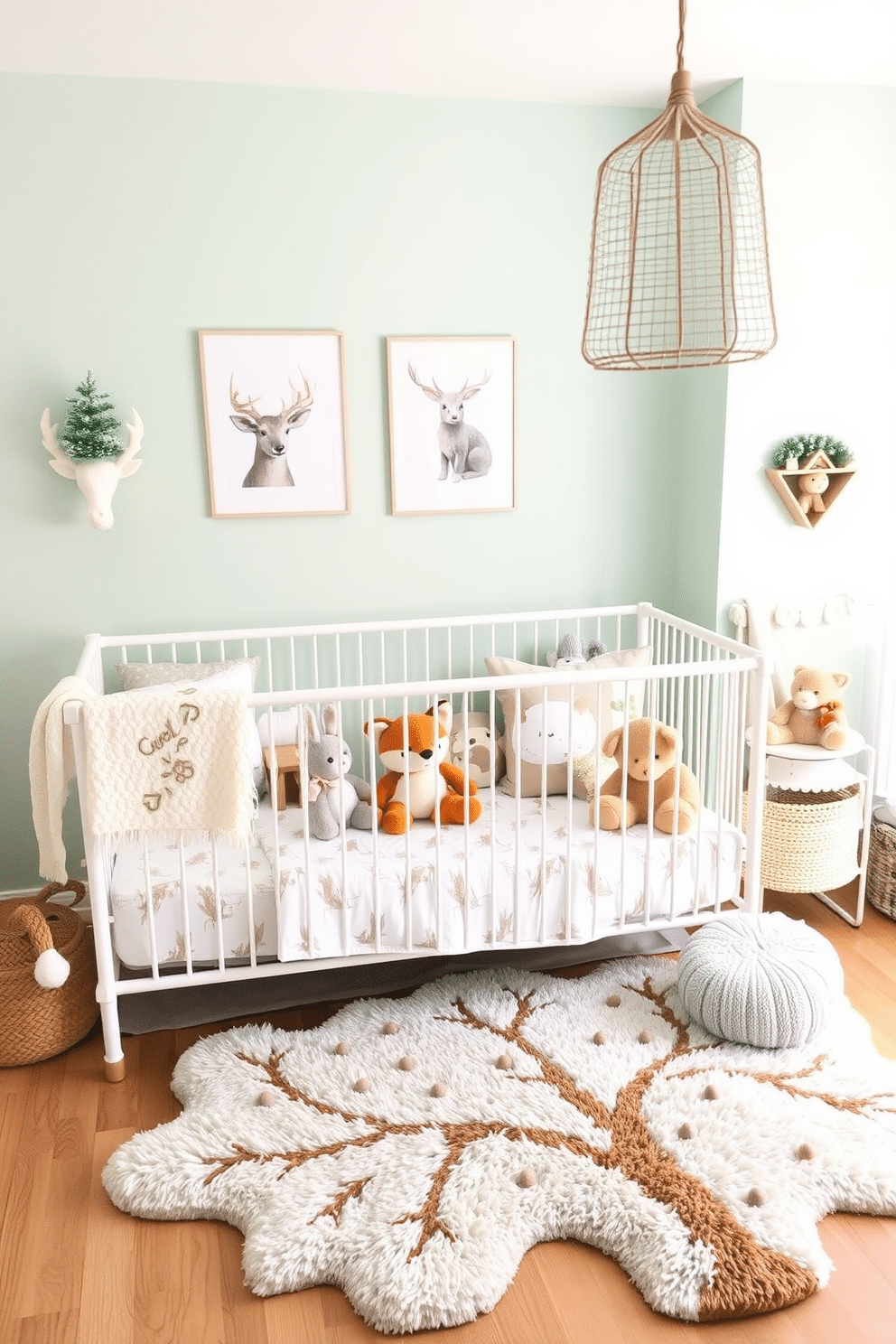 A cozy winter nursery filled with woodland animal plush toys and decor. Soft pastel colors dominate the walls, creating a serene atmosphere with gentle hues of mint green and light gray. Woodland-themed accents such as deer, foxes, and rabbits can be found on the bedding and wall art. A plush area rug in the shape of a tree adds warmth and comfort to the space, inviting playful moments.