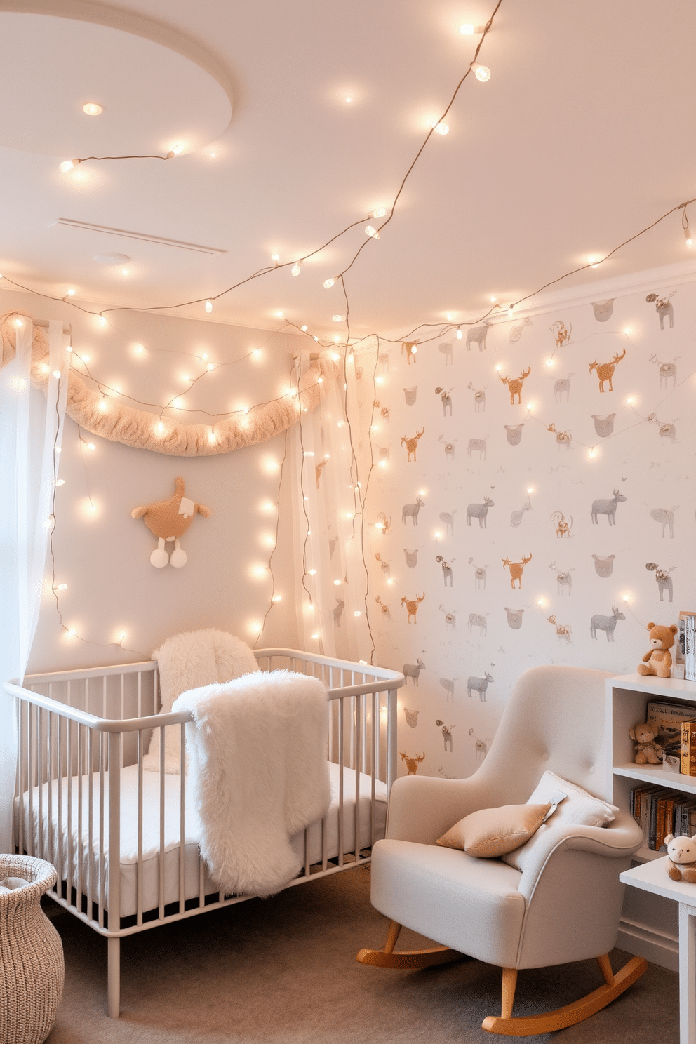 A cozy winter nursery filled with soft pastel colors and plush textures. Twinkling fairy lights are draped across the ceiling, casting a warm and magical glow throughout the room. A crib with a fluffy white blanket is positioned against a wall adorned with whimsical animal prints. A comfortable rocking chair sits nearby, surrounded by soft toys and a small bookshelf filled with children's stories.