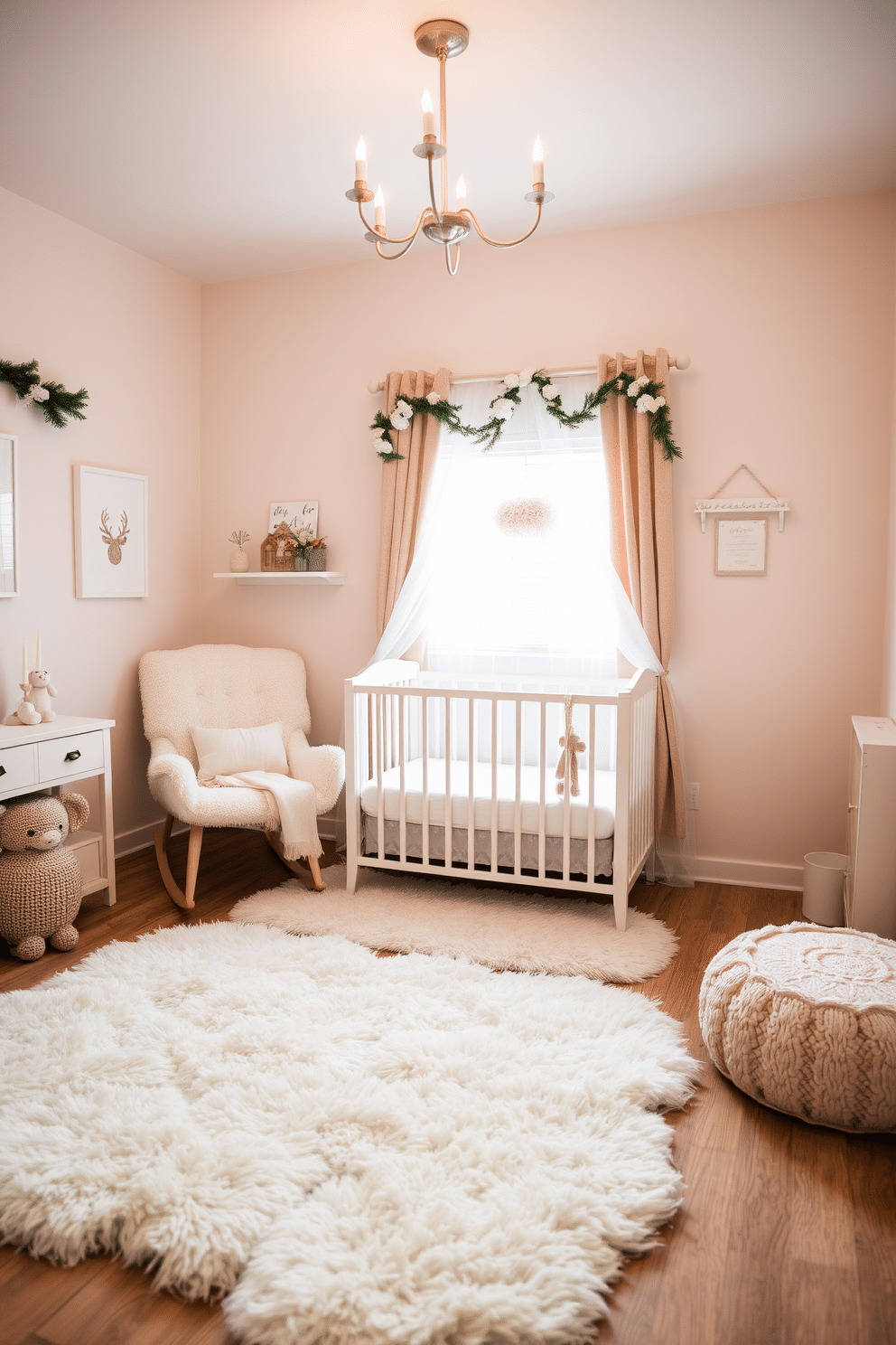 A cozy winter nursery filled with fluffy area rugs that provide warmth and comfort. Soft pastel colors adorn the walls, while a plush rocking chair sits in the corner, inviting quiet moments with your little one. The nursery features a whimsical crib with a delicate canopy overhead. Adorned with seasonal decorations, the space radiates a sense of calm and nurturing, perfect for a baby's peaceful retreat.