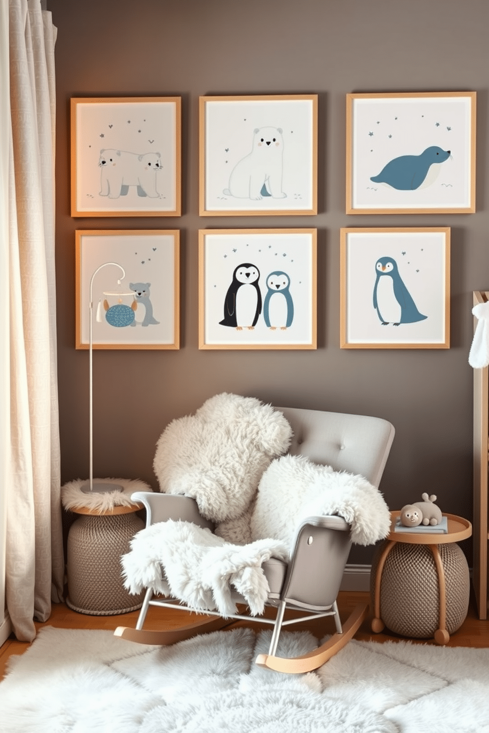 Arctic animal-themed wall art prints are displayed in a cozy winter nursery. The prints feature soft colors and adorable illustrations of polar bears, penguins, and seals, creating a whimsical atmosphere. The nursery is decorated with plush textures and warm lighting. A comfortable rocking chair sits in the corner, surrounded by fluffy rugs and a gently swaying mobile overhead.