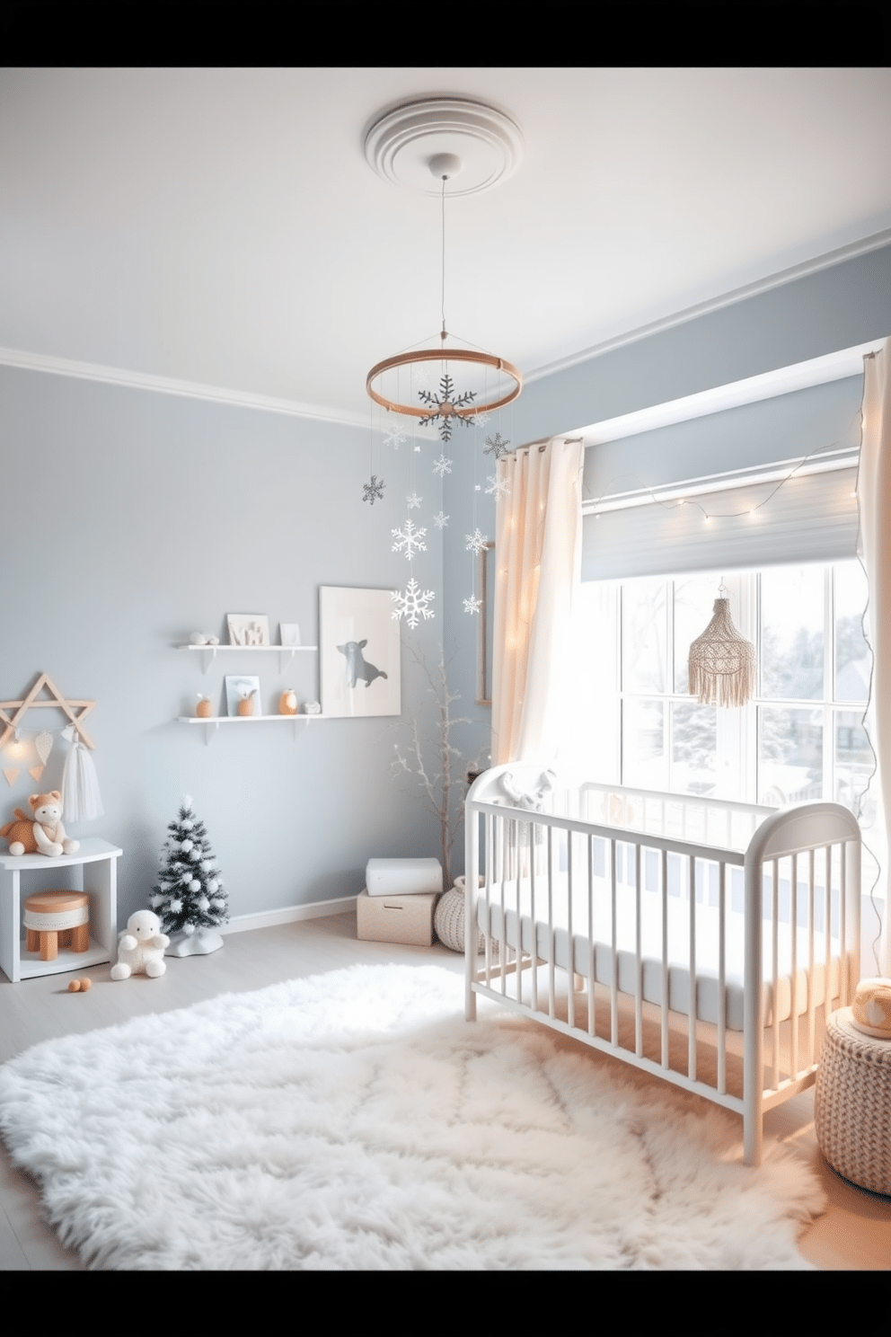 A cozy winter-themed nursery featuring a mobile adorned with delicate snowflakes hanging from a soft pastel ceiling. The walls are painted in a light blue hue, and a plush white rug covers the floor, creating a warm and inviting atmosphere. A crib dressed in soft, fluffy bedding sits against one wall, surrounded by charming winter-themed decor. Twinkling fairy lights are draped along the windows, adding a magical touch to the serene space.