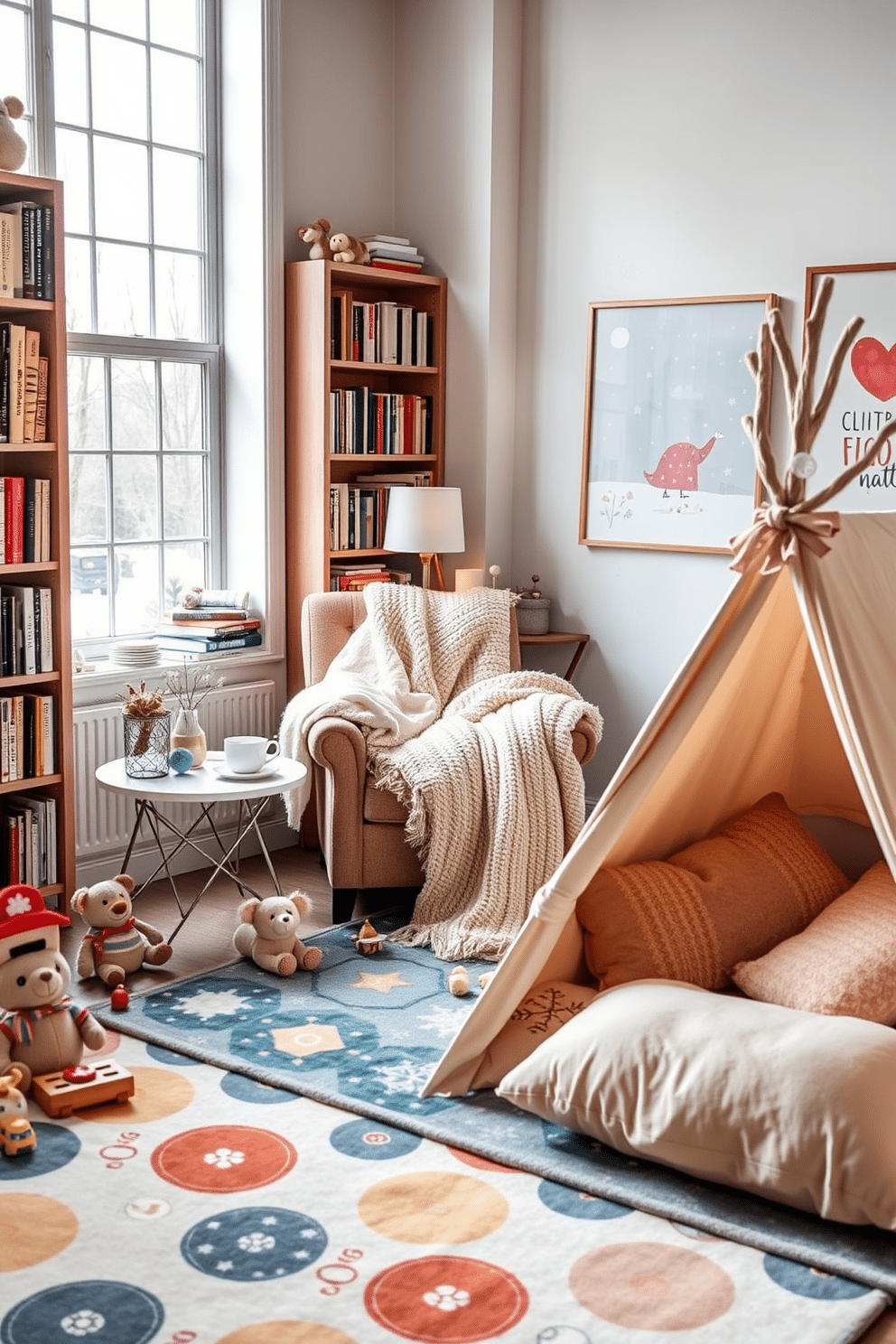 Cozy reading nook with warm blankets. A plush armchair is positioned near a large window, surrounded by shelves filled with books. Soft, oversized blankets are draped over the armchair, inviting relaxation. A small side table holds a steaming cup of tea and a decorative lamp, casting a warm glow. Winter playroom decorating ideas. The room features a large, colorful play mat with various toys scattered around. Walls are adorned with cheerful winter-themed artwork, and a cozy corner is set up with a small tent filled with plush cushions.