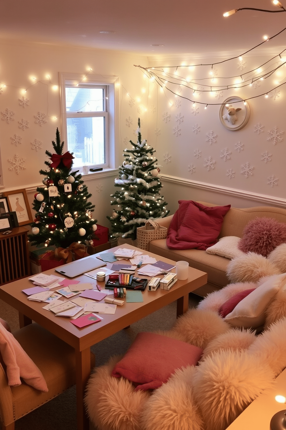 A cozy craft station for making holiday cards. The table is covered with colorful papers, ribbons, and stamps, surrounded by comfortable chairs and warm lighting. A whimsical winter playroom decorated with snowflakes and twinkling lights. Plush seating areas are filled with soft blankets, and a small tree adorned with handmade ornaments stands in the corner.