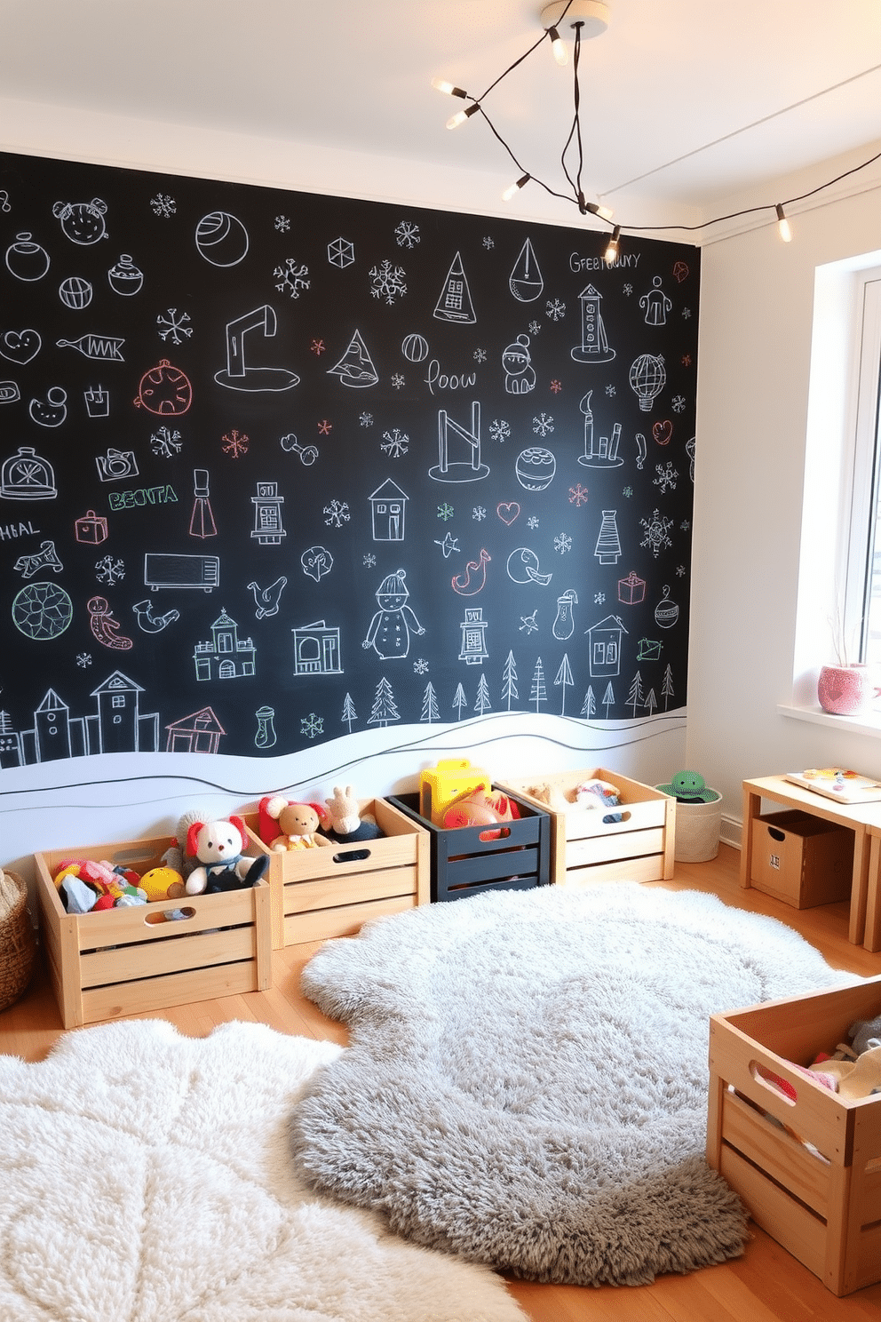 A cozy winter playroom featuring a chalkboard wall filled with colorful doodles and winter-themed drawings. Soft, plush rugs cover the floor, and a variety of toys are neatly organized in wooden bins. The walls are painted in a light, cheerful color to create a warm atmosphere. String lights hang from the ceiling, adding a whimsical touch to the playful space.